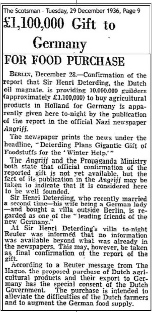 Deterding gift to Germany clipping