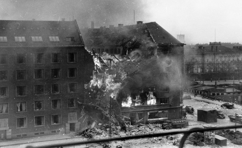 Shell House burning after bombing
